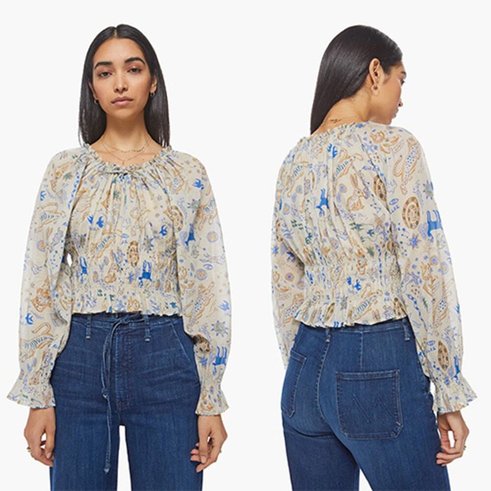 NWT Mother The Long Sleeve Doll Smocked Print Blouse Top in Face Chalk and Blue